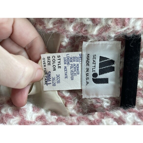 Vintage 80s MJ Seattle Coat Womens Small Pink Check Belted Knit Boucle Mohair - Picture 6 of 10